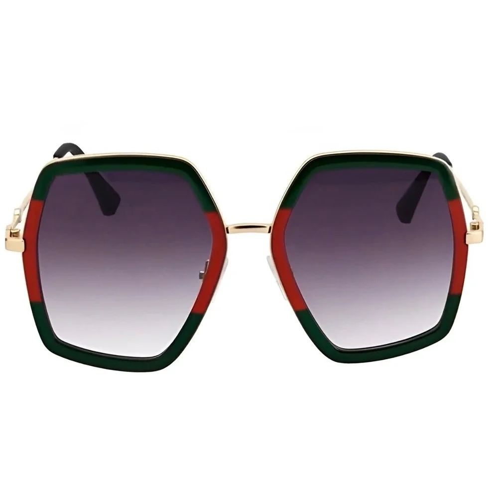 Women Oversized Hexagonal Sunglasses Green Red Stripe Gold Frame UV400 Gradient‎